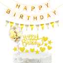 14 Pcs Gold Happy Birthday Cake Topper - Heart Star Cake Decoration with White Gold Happy Birthday Banner, Pennant & Confetti Balloon for Birthday Party Cake Decor Supplies