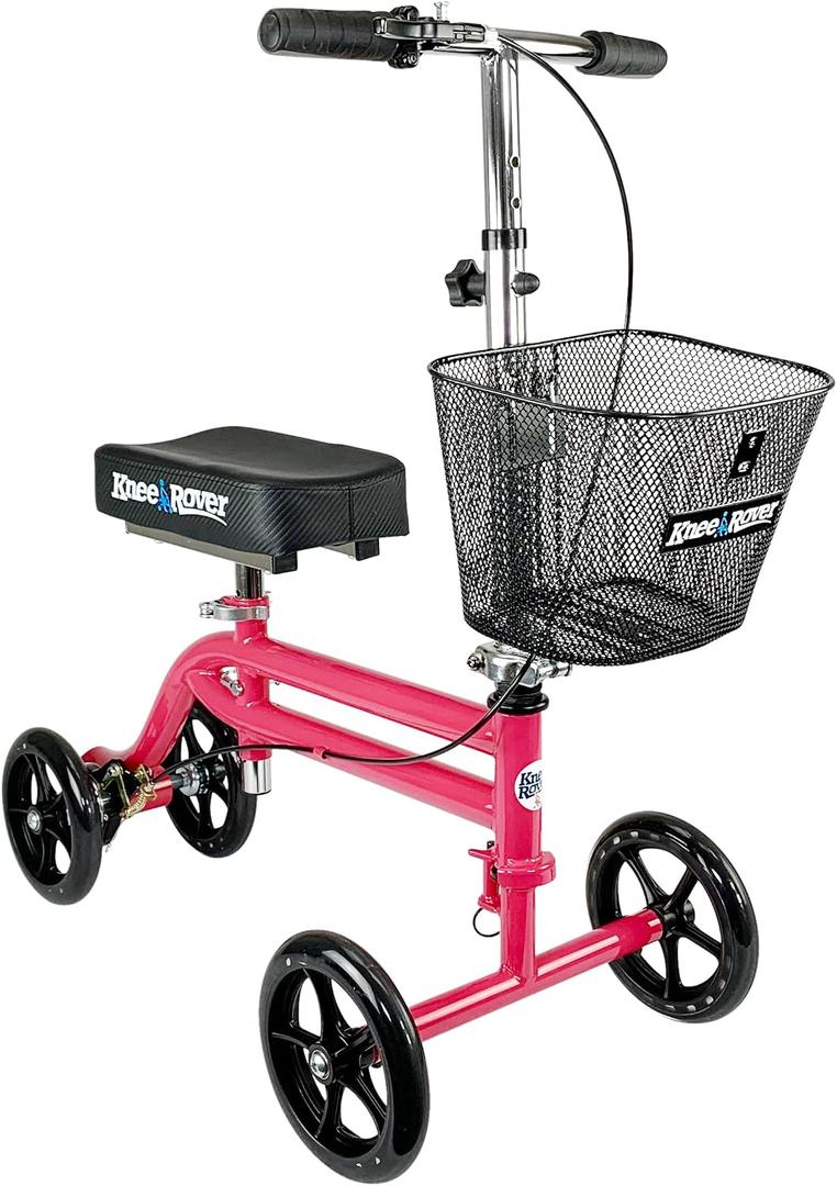 KneeRover Steerable Knee Scooter Foldable Mobility Aid & Knee Walker with Basket for Adults, Adjustable Handlebar and Comfortable Knee Pad (Hot Pink)