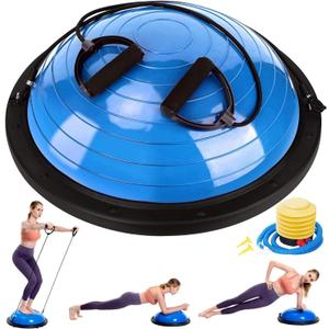Zealty Half Balance Ball Trainer, Half Yoga Exercise Ball with Resistance Bands and Foot Pump, Balance Trainer for Stability Training, Strength Exercise Fitness, Home Gym Workout Equipment, Blue