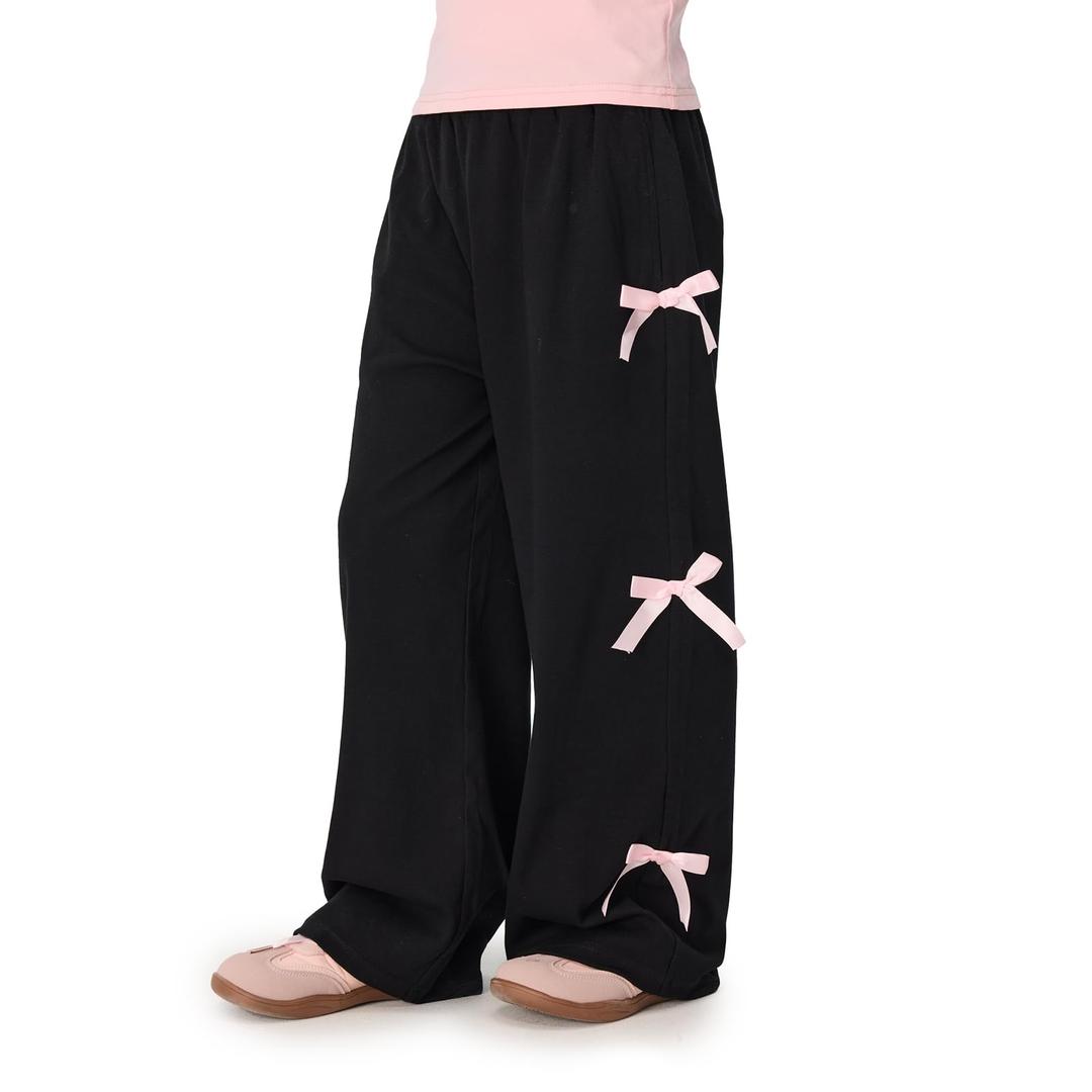 MIANZHI Girls High Waisted Pants Girls Casual Pants Kids Wide Leg Long Trousers with Pockets 11-12 Years Black-a