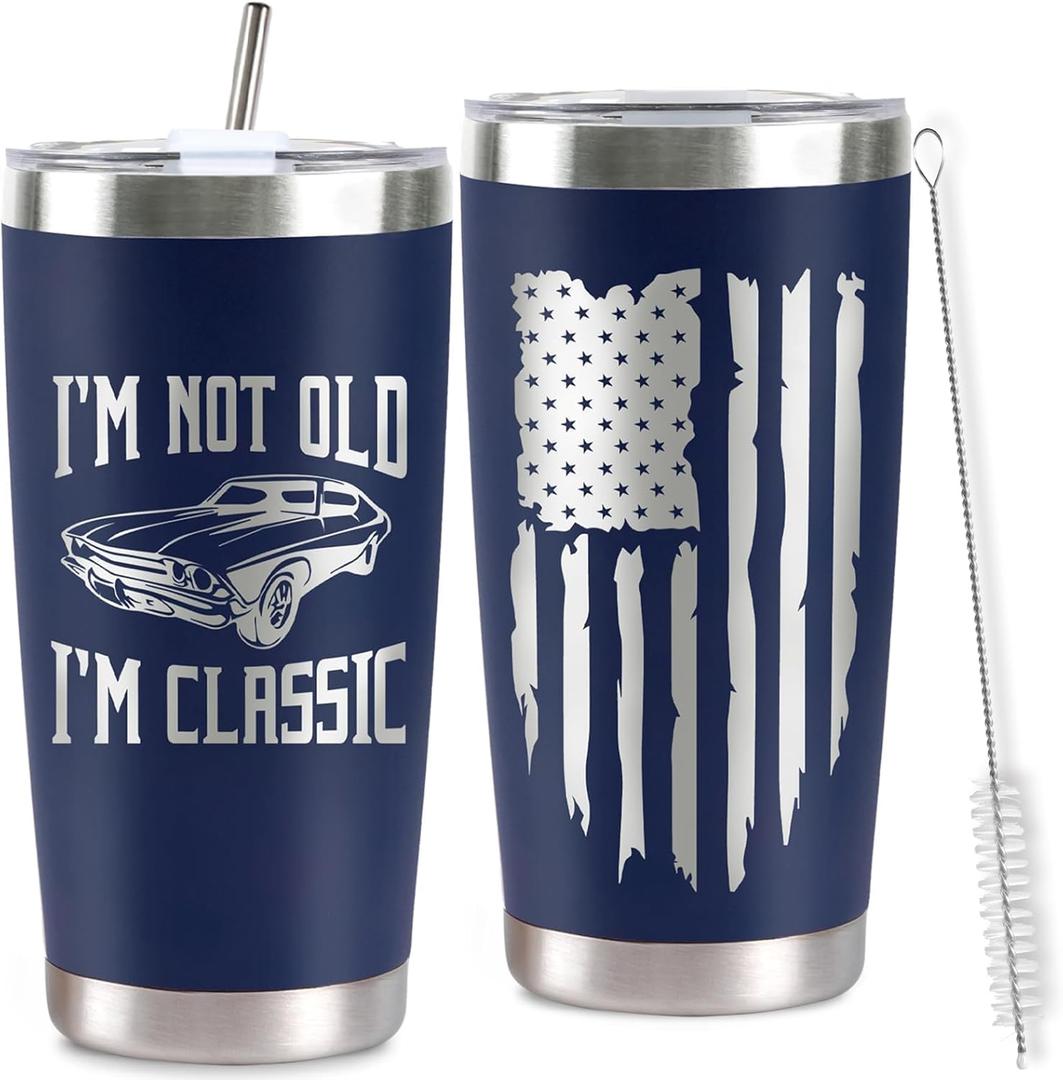 Father's Day Birthday Gift for Men Dad Grandpa Husband, I'm Not Old I'm Classic Funny 20Oz Stainless Steel Tumbler Cup for Old man, Car Lovers, Navy Blue Travel Cup with Lid&Straw Christmas Gifts