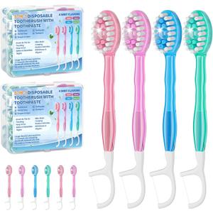 5-in-1 Disposable Toothbrush with Toothpaste (70 Pack), Mini Travel Toothbrushes with Soft Bristles, Dental Floss, Toothpick & Tongue Scraper, No Water Needed, 4 Flavors