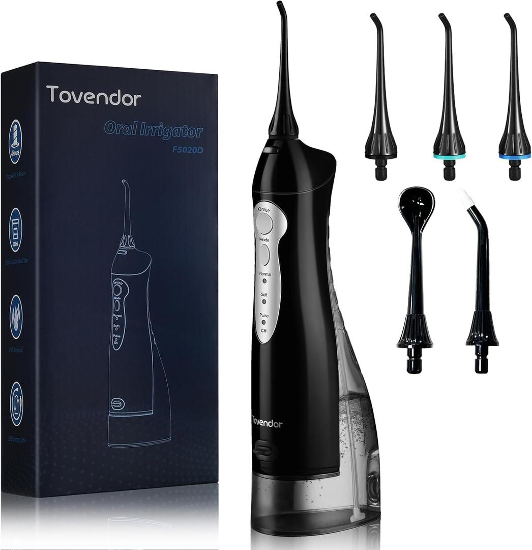 TOVENDOR Electric Water Dental Flosser Teeth Pick, Cordless Flossers Oral Irrigator IPX7 Waterproof 300ML Rechargeable Travel Water Teeth Cleaner with 5 Tips for Home Braces Care Gums Deep Cleaning