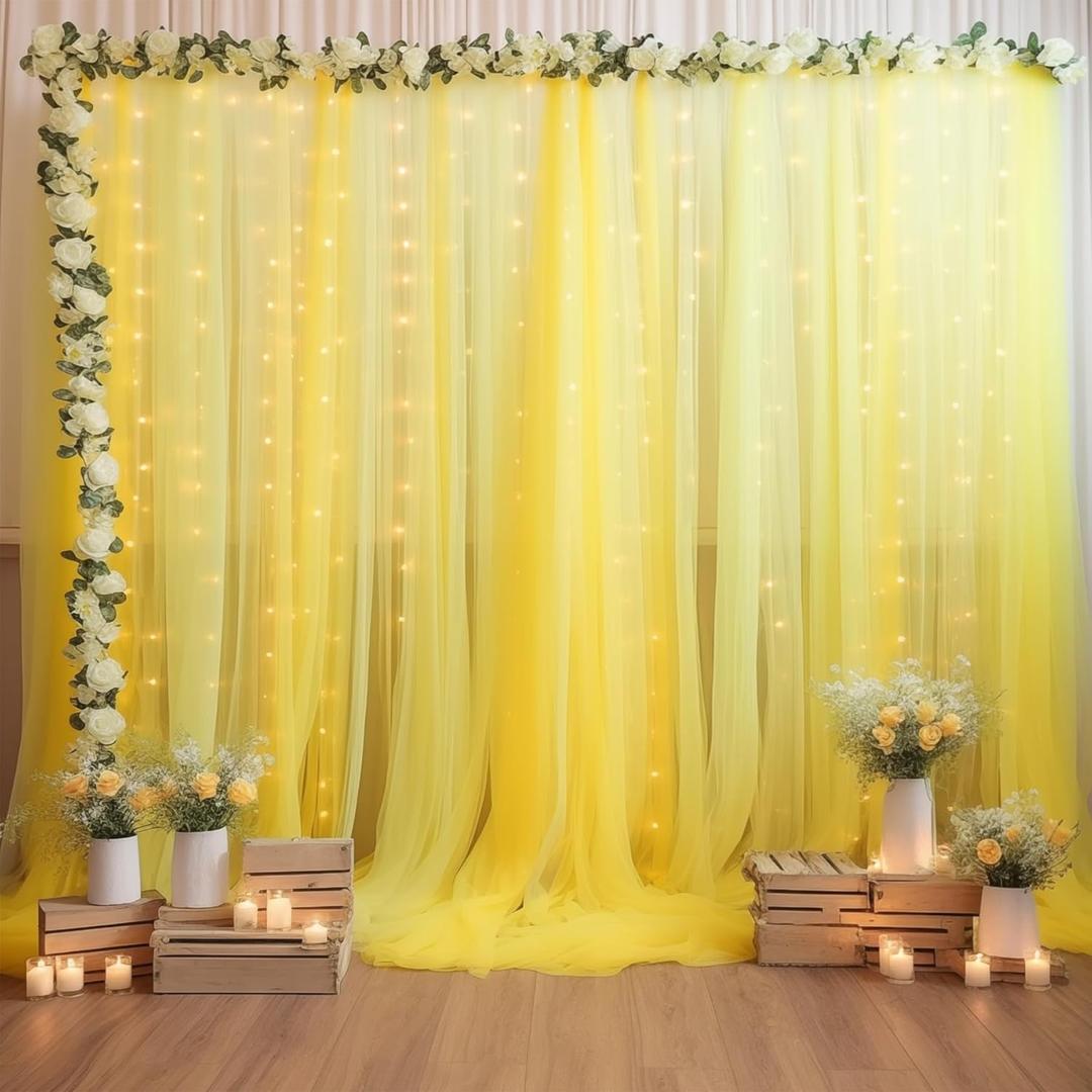 10×10ft Yellow Tulle Backdrop Curtain with Lights String for Parties, Sheer Curtain Backdrop Drapes for Wedding Party Photography Background