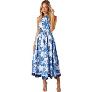 Petal & Pup Women's Naomi One Shoulder Midi Dress (Medium, Blue Floral)