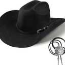 Western Cowboy Hat for Men Women,Shapeable Wide Brim Felt Fedora Classic Cowgirl Hats for Cowboys and Cowgirls,with bolo tie (Black, L)