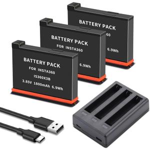 3-Pack Battery for Insta360 X3 Charger Kit and 3-Channel Fast Charger Hub, Compatible for Insta360 X3 Camera, Replacement Upgrade Battery 3.85V 1800mAh/6.9Wh