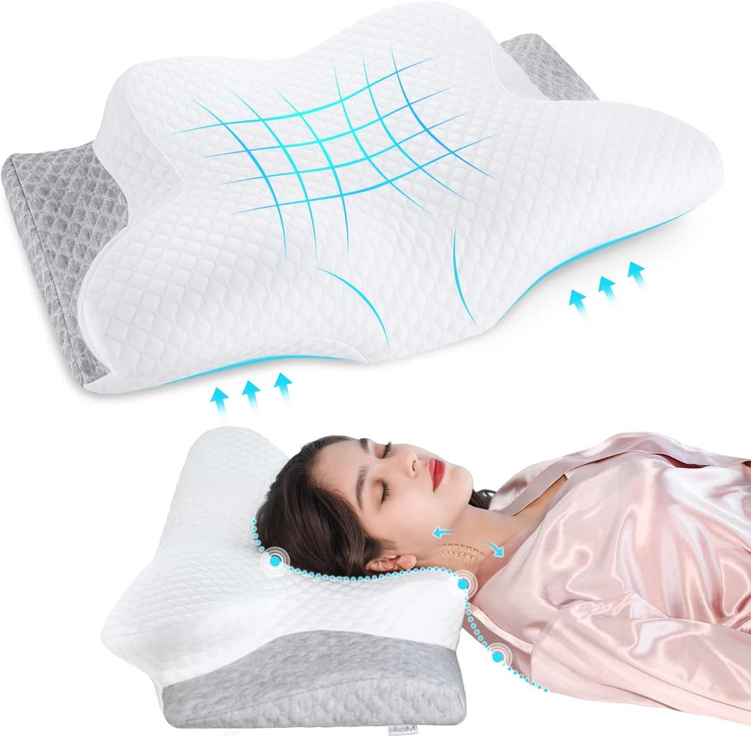 Misiki Contour Memory Foam Pillow, Cervical Pillow for Neck Pain Relief, Ergonomic Pillow for Sleeping, Orthopedic Neck Pillow with Washable Cover, Bed Pillows for Side, Back, Stomach Sleepers (Cotton)