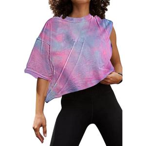 SOFIA'S CHOICE Women's Short Sleeve Tie Dye Crop Top Crew Neck Loose Summer Casual Tee Pink TD X-Large