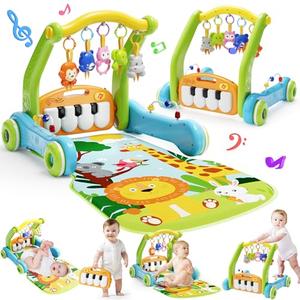 Baby Gym Play Mat with Walker, 2 IN 1 Kick and Play Piano Activity Center with Light & Music, Tummy Time Mat & Baby Push Toys for 0-6 12-18 Months, Sit-to-Stand Learning Walker for Infant Toddler Gift