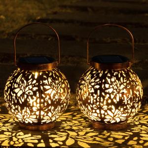 JOIEDOMI 2 Pack Outdoor Solar Hanging Lantern Lights, Waterproof Tabletop with Handle, LED Moroccan Lanterns, Metal Decorative Garden Solar Lights Christmas for Patio, Lawn, Porch, Backyard