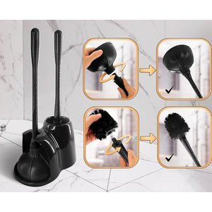 2-in-1 Black Toilet Brush and Plunger Set with Holder  Compact Bathroom Cleaning Combo, Strong Rubber Plunger & Stiff Bristle Brush, Space-Saving Stand, Fits Most Standard Toilets, 9.36.315.2 inch