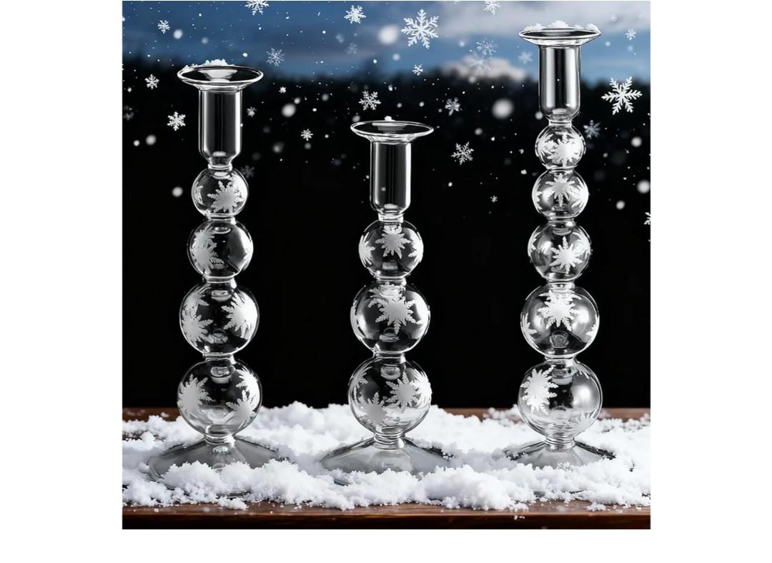 Bokon 3 Pcs Snowflake Winte Glass Candlestick Holders Snowflake Glass Clear Taper Candle Holder Crystal Stick Decor Winter Table Centerpiece for Holiday Mantel Wedding Dinner Party
