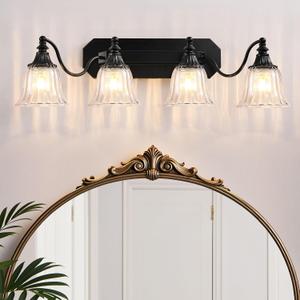 Black Vintage Bathroom Vanity Light Fixture, 4-Light Vanity Light for Bathroom, Antique Matte Black Finish with Crystal Glass Shade, Lighting Fixtures Over Mirror for Bedroom Living Room
