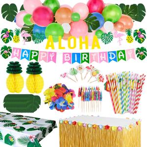 Tropical Luau Party Decoration Pack Hawaiian Beach Theme Party Flamingo Pineapple Dcors Multi Scene Luau Party Supplies (135pcs) Happy Birthday & Aloha Felt Banner Table Skirt Disposable Tablecloth