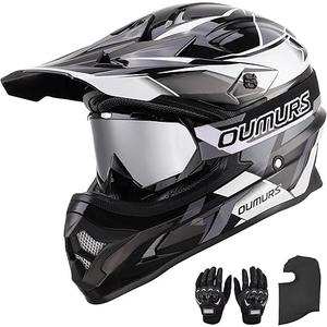OUMURS DOT Adult ATV Dirt Bike Helmet with Goggles Gloves & Mask Adjustable Sun Visor Motorcycle Adults Helmet OffRoad Motocross Downhill Moped MX for UnisexAdultVictory Gray, XL New Black Flame Victory Gray
