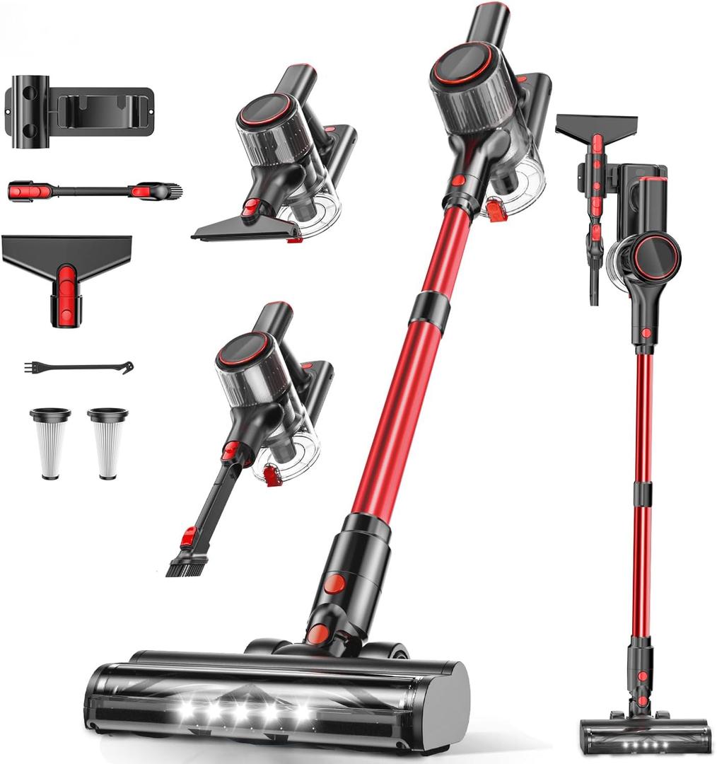 Cordless Vacuum Cleaner, 45Kpa Powerful Stick Vacuum with 50Mins Runtime, LED Display Vacuum with Rechargeable Battery, Vacuum Cleaners for Home for Hardwood Floor Carpet, Pet Hair (Red Black)