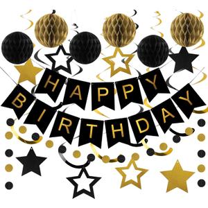 meowtastic Birthday Decorations, Happy Birthday Banner with Honeycomb Balls, Star Hanging Swirl Streamers, Circle Dot Garland, Happy Birthday Party Decorations for Women Men Boys Girls (Black & Gold)