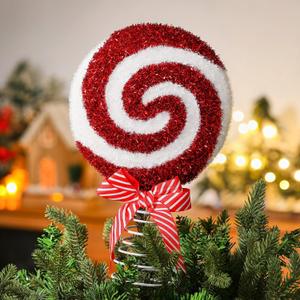 Gejoy Christmas Tree Topper Red Peppermint Candy Cane Bow Tree Topper 10.7 Inch Red and White Sparkling Candy Lollipop Xmas Toppers Christmas Ornament Decorations for Holiday Decor(Classic)