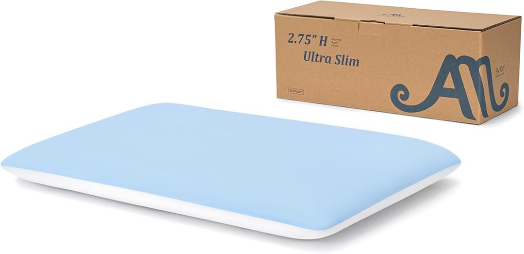 AM AEROMAX 2.75 Inches Standard Size Hyper Slim Memory Foam Pillow for Stomach and Back Sleepers - Thin, Flat Design for Cervical Neck Alignment and Deeper Sleep. (Blue/White)