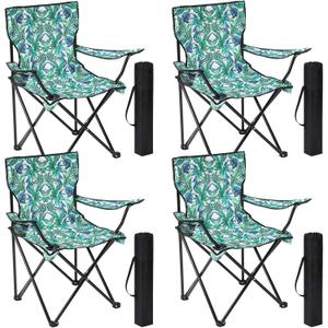 4 Pcs Floral Folding Chairs for Outside, Camping Chairs Set, Portable Lawn Chair with Armrests & Carry Bags, Outdoor Travel Lightweight Folding Chair for Picnic & Beach(Tropical Green), 19.7 x 19.7 x 31.5 inches