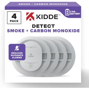 Kidde Smoke & Carbon Monoxide Detector, AA Battery Powered, LED Warning Light Indicators, 4 Pack