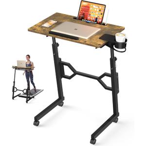 Small Standing Desk with Wheels, Portable Treadmill Desk, Rolling Desk Adjustable Height for Laptop, Mobile Standing Table for Walking Pad, Bedside Table (Brown)