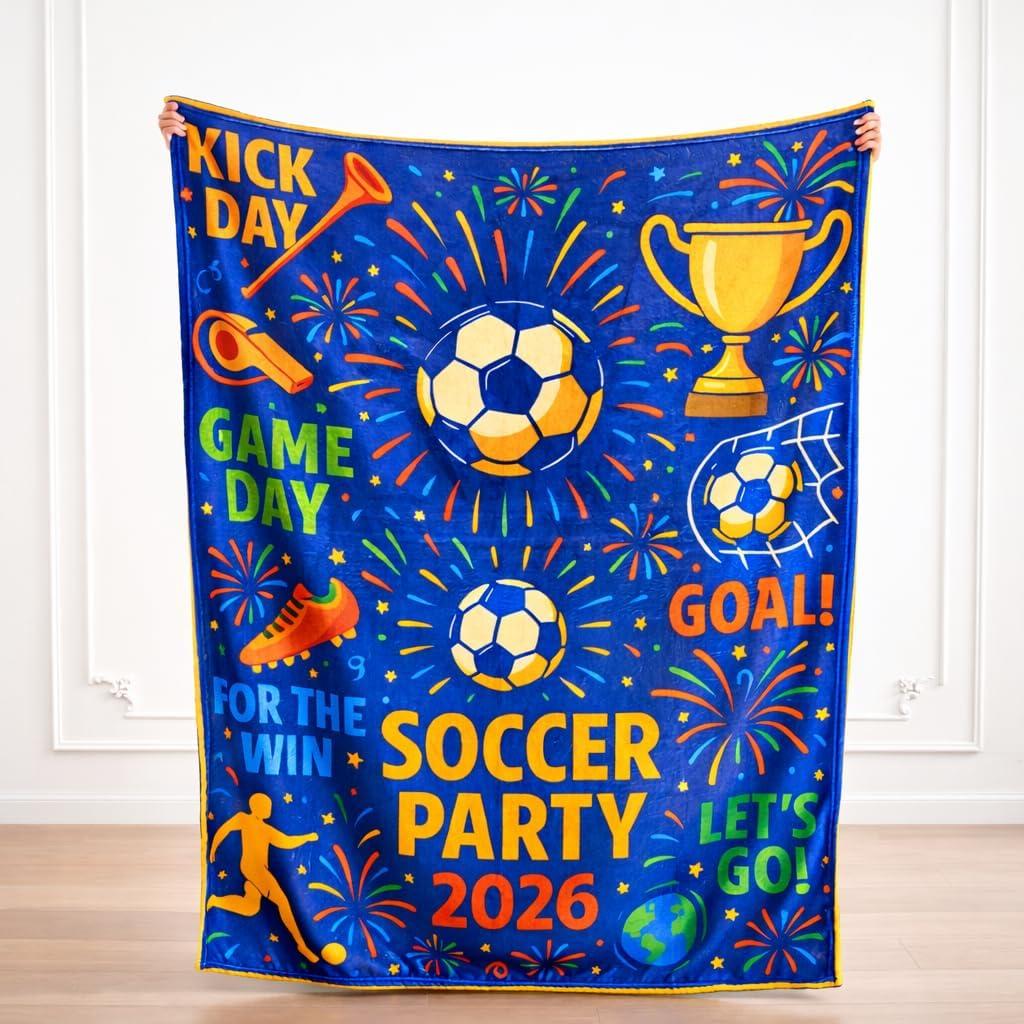 Soccer Party 2026 Throw Blanket, Game Day Football Celebration Blanket, Soft Flannel Sports Party Decor for Couch Bed, Fun Gift for Men Women Kids