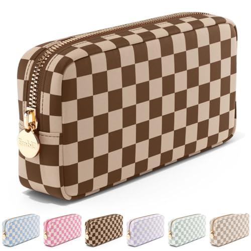 Makeup Bag Travel Cosmetics Pouch and Toiletry Bag, Nylon Zipper Pouch Purse, Cute Makeup Organizer Storage Tote for Women Girls, Travel Skincare Case, Small Makeup Case, Chocolate Sand Checkered