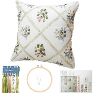FONNUY Crewel Ribbon Embroidery Kit, Floral Pillow Covers, DIY Pillowcase Kits for Audlt Beginners, 18 x 18'' (White)