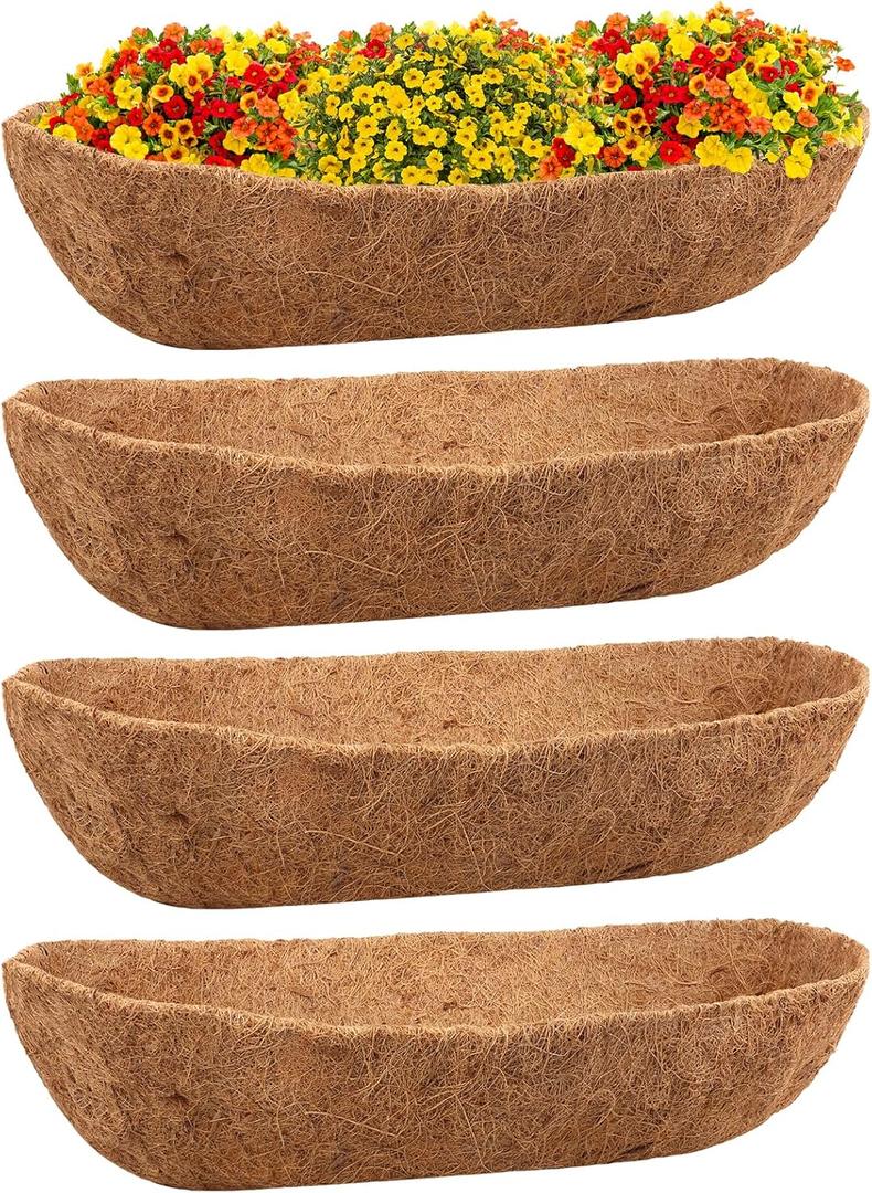 Riare 4 Pack 24 Inch Trough Coco Coir Liners for Planters, Pre-Formed Coconut Coir Replacement Liner Natural Coco Fiber Window Box Liners for Wall Planter, Window Basket Deck Railing Planter