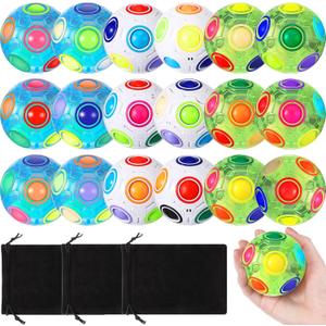 Lenwen 18 Pack Rainbow Puzzle Ball Magic with 3 Pack Pouches Fidget Toy for Kids Speed Cube Ball Funny Stress Reliever Christmas Stocking Stuffers for Kids Teen and Adults