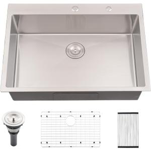 32 -inch Drop in Kitchen Sink - VOKIM 32"x 19" Inch Drop-in sink Stainless Steel Single Bowl Kitchen Sink With Dish Grid, 32"X19"X9"