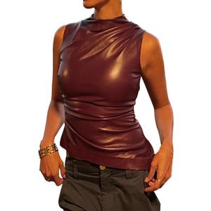 Women's PU Leather Tank Top Mock Neck Ruched Sleeveless Y2k Pleated Asymmetrical Shirts with Zipper