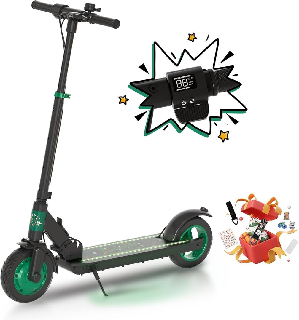 Electric Kick Scooter,3 Adjustable Height & Speed,350W Motor,8.5'' Solid Tires,Max 15 Mph Speed,Foldable Electric Scooter for Family (Cool Pedal Lights & LED Display)-Dark Green