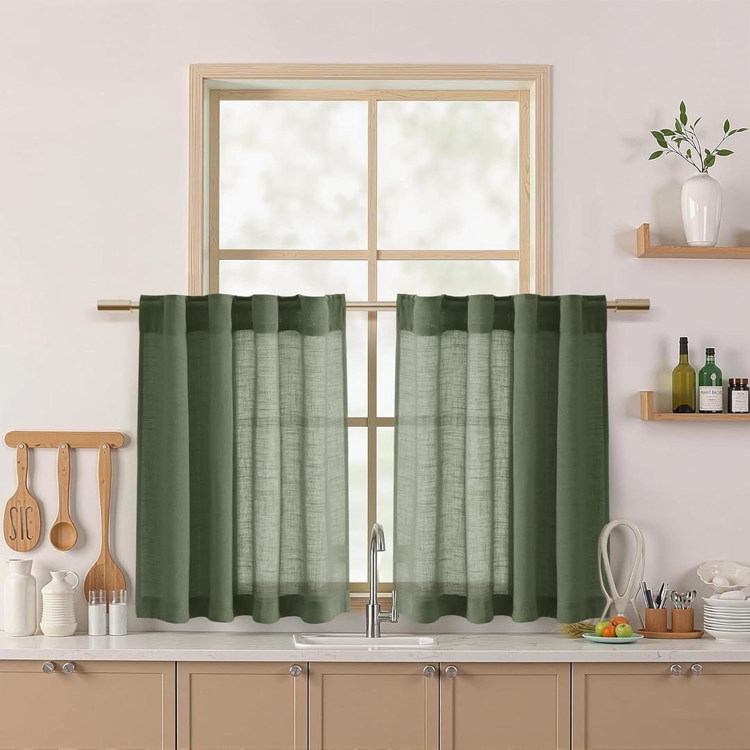 Nanspring Olive Green Linen Curtains 30 Inch Length Short Kitchen, Semi Sheer Light Filtering Panels Back Tab and Rod Pocket Cafe Drapes for Half Window 26 x 30 Inch,2 Panels (Loden)