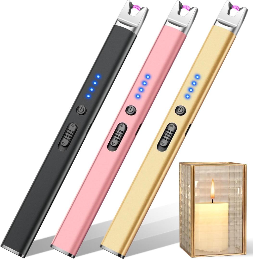 LcFun 3 Pack Electric Candle Lighter USB Rechargeable Arc Lighter with Safety Lock, Windproof Flameless Plasma Long Matches Lighters for Candle, Grill, BBQ, Camping, Gas Stoves (Black,Pink,Blue)