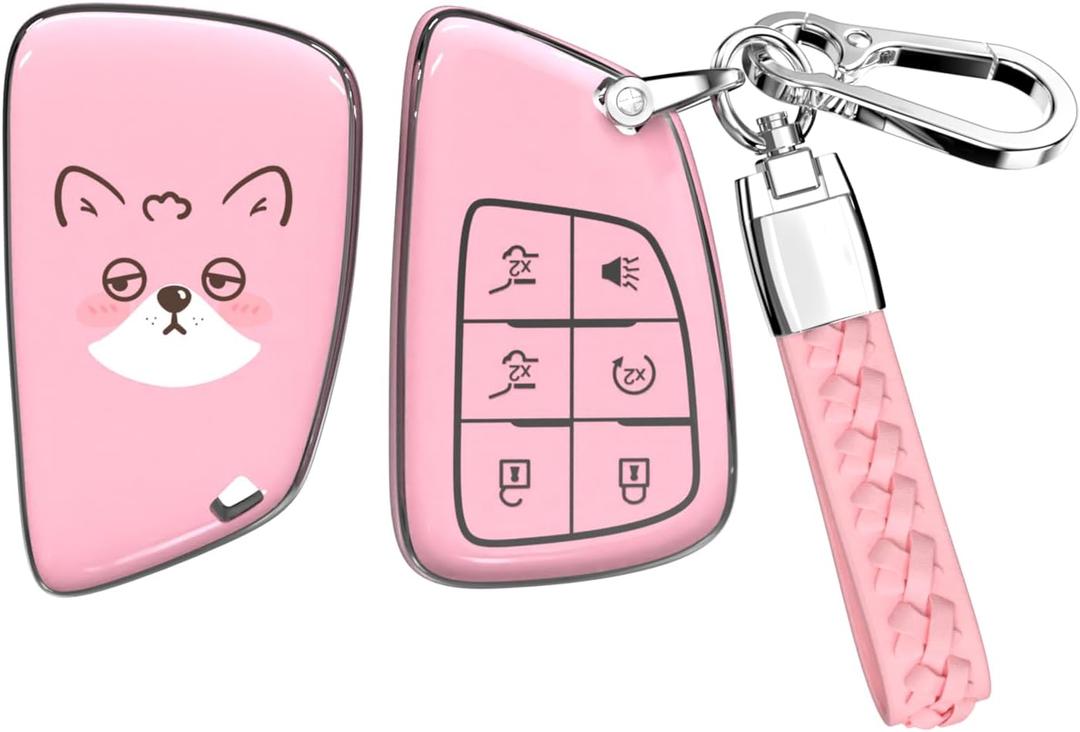 ACEBOY for Buick Key Fob Cover, Soft TPU Case with Metal Braided Rope Keychain for Buick Avenir Envision Encore Chevrolet Suburban Tahoe Blazer EV Colorado GMC Yukon Denali Sierra (Pink,6 Buttons)