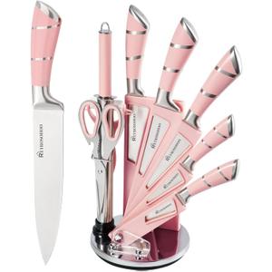 Kitchen Knife Set, Retrosohoo 9-Pieces Pink Sharp Non-Stick Coated Chef Knives Block Set,Stainless Steel Knife Set for Kitchen with Sharpener for Cutting Slicing Dicing Chopping (Pink)