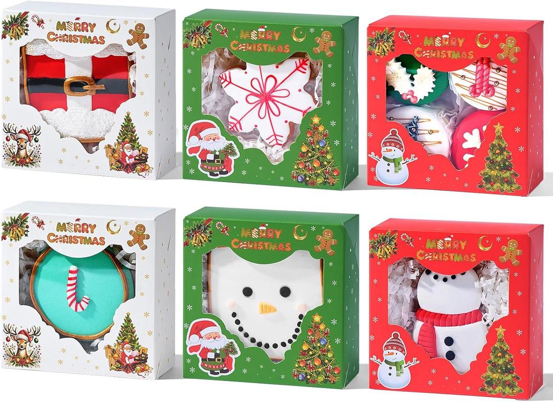 48Pcs 4x4x2inch Christmas Green/Red/White Bakery Boxes with 3 Styles&Clear Window for Packaging Macaron Chocolate Truffle Strawberry Cookie Donut Pie Treat Boxes for Wedding Birthday Christmas Favor