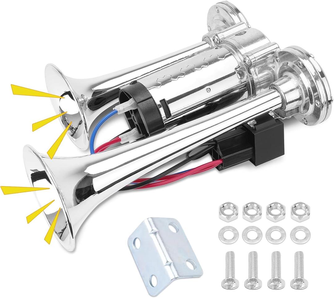 12V 600DB Upgraded Air Horn Dual Trumpets, Super Loud Train Electric Horn Kit with Air Compressor Compatible with 12V vehicles Trucks Trains Boats Pickup SUVs Cars Speaker