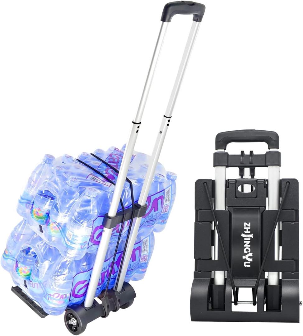 Folding Hand Truck Aluminum Trolley,Small Dolly, Foldable Hand Cart Collapsible 2 Wheel Luggage Trolley Dolly Expandable Large Chassis Foldable into Backpack