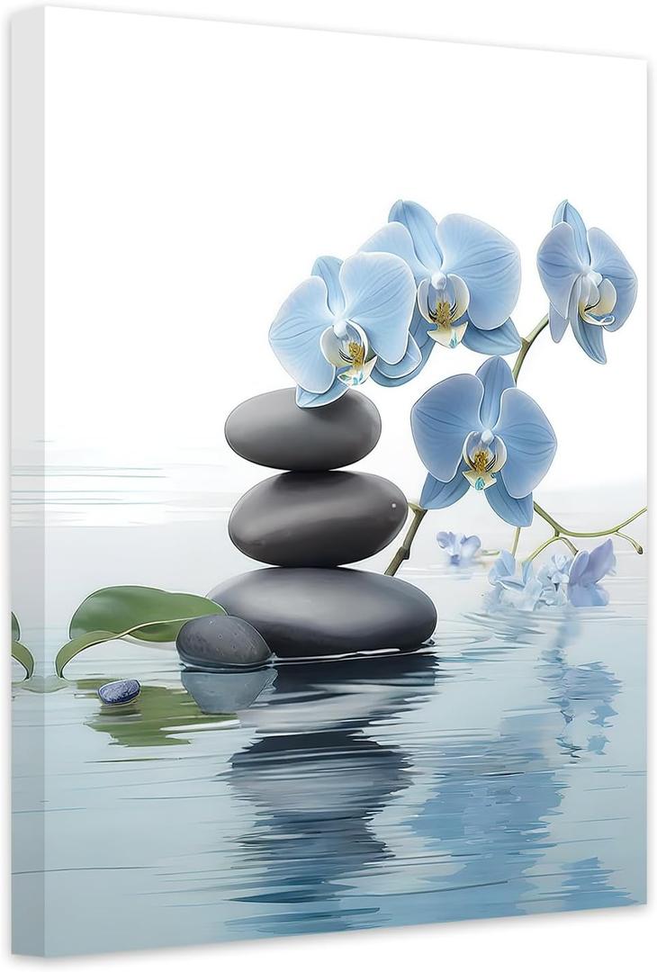 CCWACPP Zen Wall Art Spa Stone and Elegant Blue Orchid Flower on the Water Picture Canvas Prints Artwork Relax Zen Spa Meditation Room Decor (16x24inch)