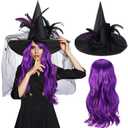 Ramede 2 Pcs Halloween Witch Hat Costume Set for Women Witch Hat with Veil Flower Feather Accessories and 28" Wig for Cosplay(Black)