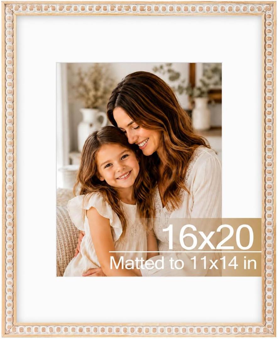Solid Wood 16x20 Picture Frame Beaded Frame with 11x14 Mat, Rustic Vintage 16 by 20 Photo Frame Matted with Plexiglass for Wall Display, Rustic White