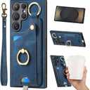 JanCalm Card Slots for Samsung Galaxy S25 Ultra Case Blue, Metal Ring Holder Stand, Wrist Strap, Magnetic Clasp, Leather Shockproof Protective, Wallet Phone Cover