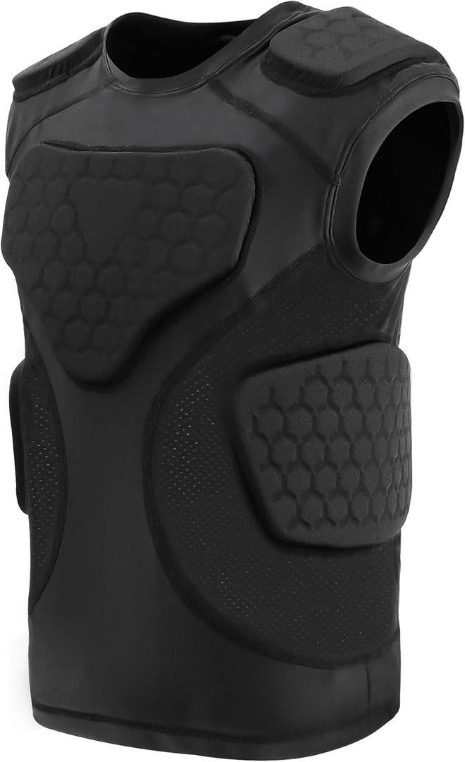 Youth Football Padded Shirt, Chest Rib Protector, Compression Padded Vest with 5-Pad for Sports Paintball Football Baseball Lacrosse Black (Small)