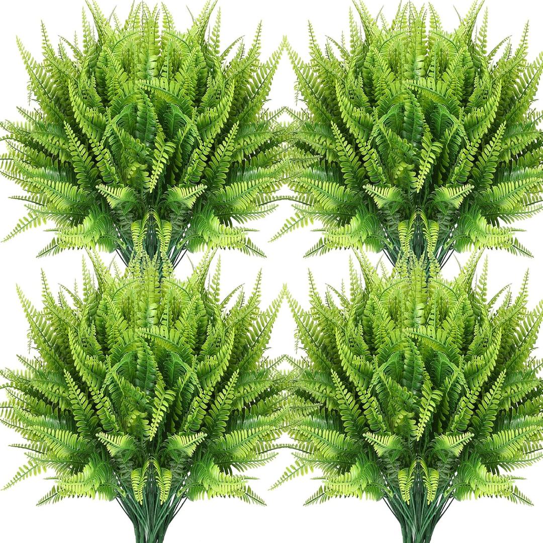 Janinka 10 Pcs Artificial Boston Fern Plants Fake Boston Fern Stems UV Resistant Faux Plants Artificial Outdoor Plastic Bushes Bulk for Hanging Office Porch Window Home Decor
