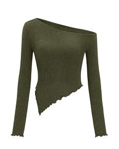 Zenlonr Womens Long Sleeve Shirts Fall Outfits 2025 Off The Shoulder Tops Asymmetrical Fitted Knit T Shirts Going Out Tops(Army Green, XX-Large)