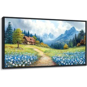 CHATYOUNG Framed Wall Art Landscape Paintings, Blue Misty Mountains Rustic Canvas Prints Farmhouse Cottage Wall Pictures Large 24"X48" for Living Room Bedroom Bathroom Home Decor Moving Gift